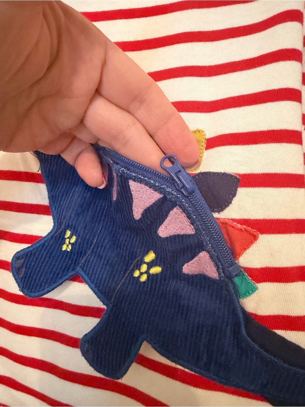 Mini Boden Red and Cream Stripe Long-Sleeve Tee with Navy Dino Applique - Picture 4 of 5